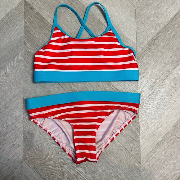 Lands' End Red White Stripe Blue 2 Piece Swimsuit Bikini Girls size 7 - Picture 1 of 9